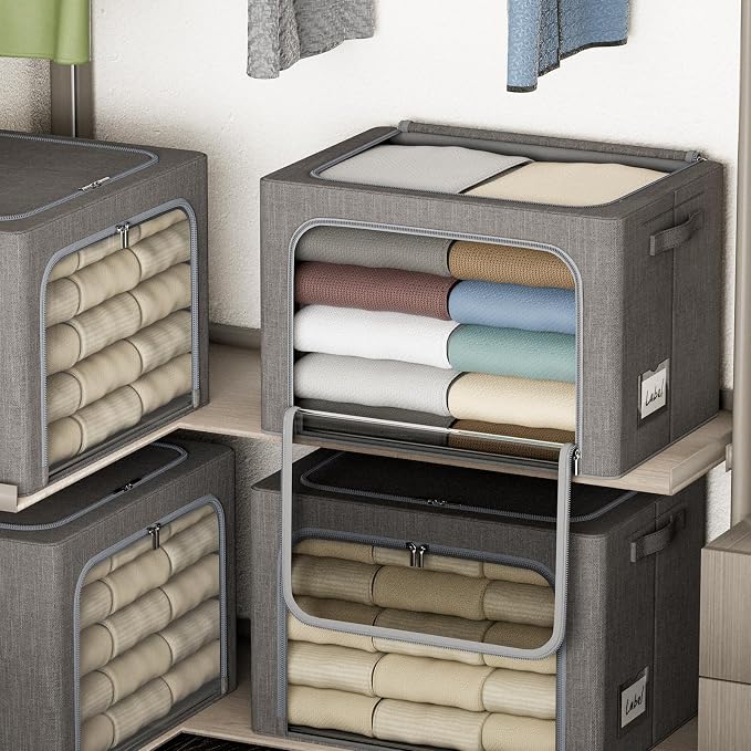 4 Pack Clothes Storage Bins with Metal Frame - 22L Stackable Storage Box with Lid,Foldable Storage Container Organizer for Clothes,Linen Fabric Storage Box with Clear Window&Zippers&Handles