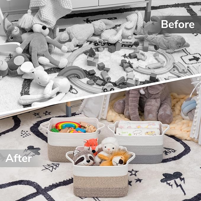 Goodpick Woven Storage Basket, Closet Storage Bins for Books, Towels, Cotton Rope Organizer with Handles, Square Toy Gift Basket for Kids, Gradient Gray, 13 x 10 x 9 Inches