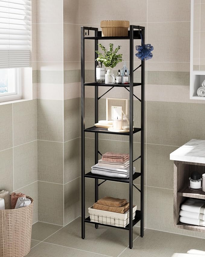Hzuaneri Bookshelf, Book Shelf, Industrial Bookcase with 2 Hooks, Coner Shelf Storage Organizer for Home Office, Living Room, Bedroom, Kitchen, 5-Tier Black BC10504B
