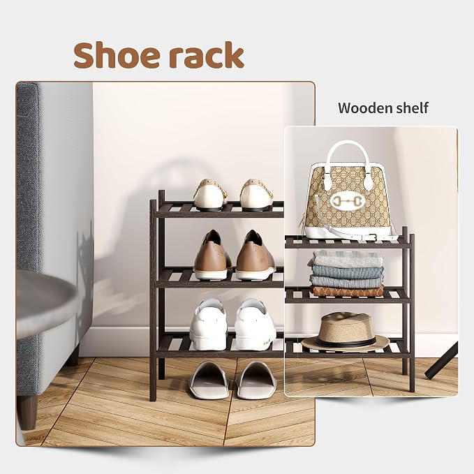 Bamboo Shoe Rack Stackable Shoe Shelf Storage Organizer for Unit Entryway Hallway and Closet Sturdy Freestanding Shoe Shelf(3 Tier Brown)
