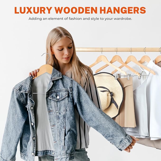 HOUSE DAY Wooden Hangers with Clips 72 Pack,Wooden Suit Hangers Skirt Hangers Solid Wood Pants Hangers Natural Smooth Finish Wood Hangers with Durable Metal Clips for Blouse, Dress, Coat, Jacket