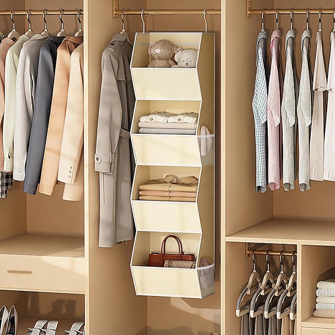 4 Shelf Hanging Closet Organizer Closet Storage for Wardrobe 2 Packs Beige | Hanging Storage Organizer for Closet Organizers and Storage, Hanging Clothes Organizer for Closet Organizer Closet Shelves