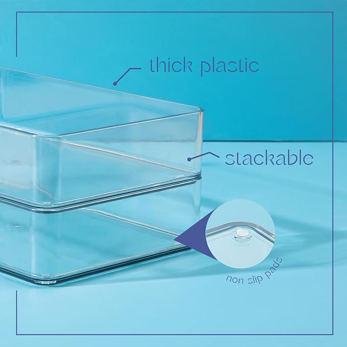 primebox Plastic Clear Drawer Organizers. Bathroom, Kitchen, Bedroom, Gadgets, Office Organizer Bins, Storage Trays. Heavy Duty, Stackable. 12" x 3" x 2" Set of 6