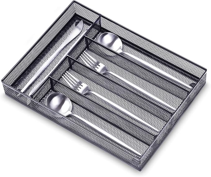 WuGeShop Silverware Drawer Organizer Black, Kitchen Drawer Organizer Metal Mesh Utensil Tray Non-Slip Cutlery Tray, 5 Compartments