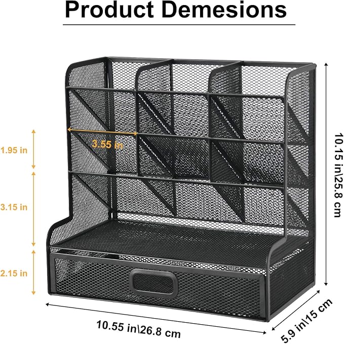 Marbrasse Mesh Pen Holder for Desk, Multi-Functional Pencil Organizer with Drawer, Desk Organizers and Accessories for Office Art Supplies (Large Black)