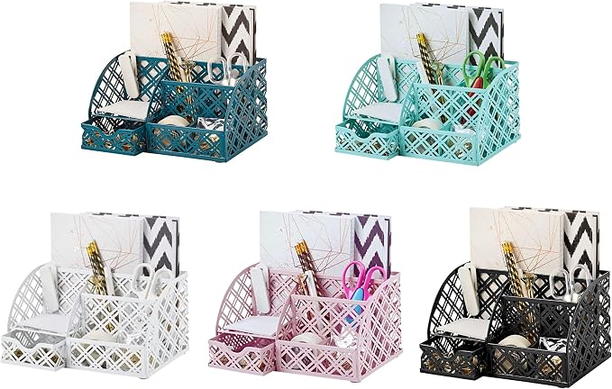Exerz Desk Organizer White Office Desk Accessories Supplies Office Storage Desktop Pencil Pen Holder with Drawer Home Workspace