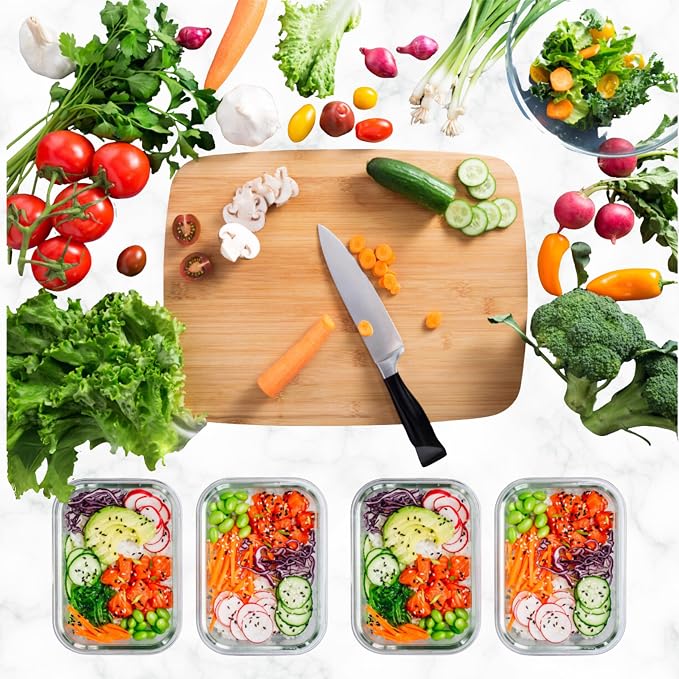 ECOBERI Glass Meal Prep Containers with Silicone Sleeves, 3 Piece 4.5 Cup Set, Borosilicate Glass Food Storage with Leak-Resistant Lids, Oven, Microwave, Freezer and Dishwasher Safe