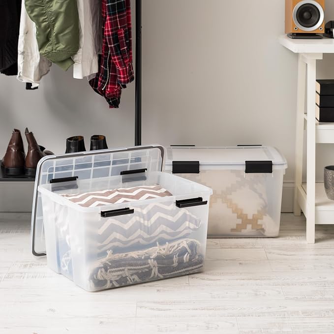 IRIS USA WeatherPro Storage Bins with Lids, 47 Qt, Gasket Seal, 2 Pack | Airtight gasket helps protect clothing, shoes, crafts, keepsakes, and household supplies from moisture and dust.