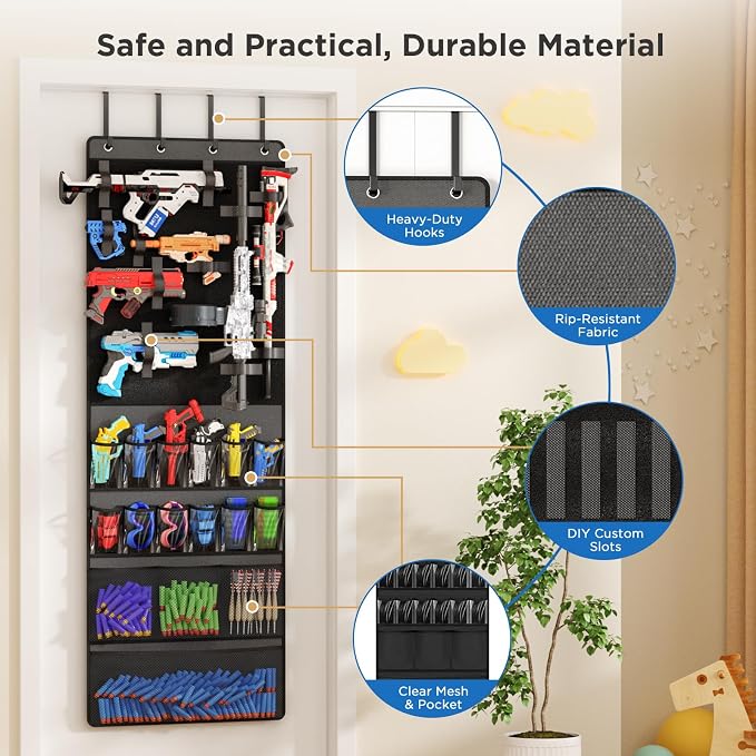 Mefirt Over The Door Organizer for Toy Guns, Toys Storage Door Hanger with Pockets and Slots for Kids Foam Blasters, Darts, Goggles, Over Door Toys Storage Organizer, for Kids Rooms, Game Rooms, Gray