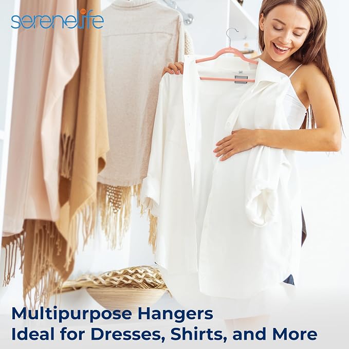 SereneLife Velvet Hangers – 100 Pack, Slim & Space Saving for Closets | Soft velvet grip prevents slipping on silk, satin & knitwear – 360° swivel hook fits all standard closet rods