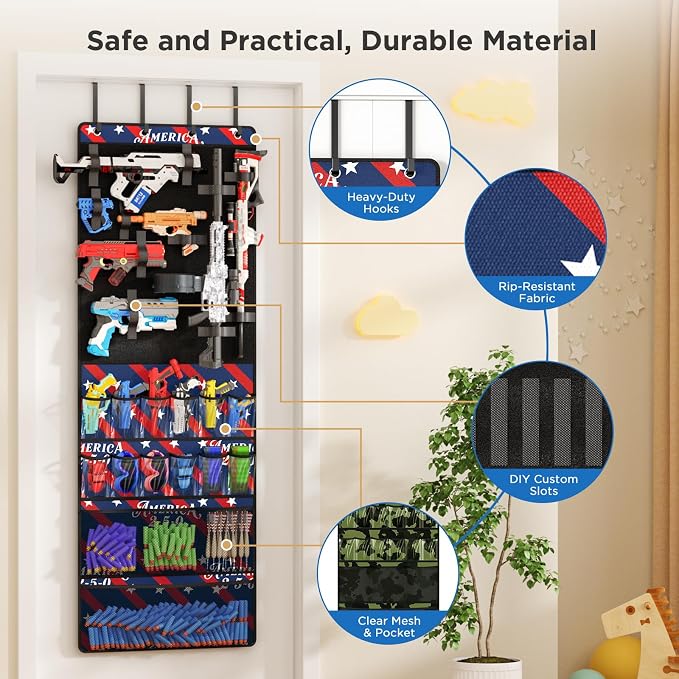 Over the Door Organizer for Toy Guns, Toys Storage Door Hanger with Pockets and Slots for Kids Foam Blasters, Darts, Goggles, Over Door Toys Storage Organizer, for Kids Rooms, Game Rooms, Blue Red