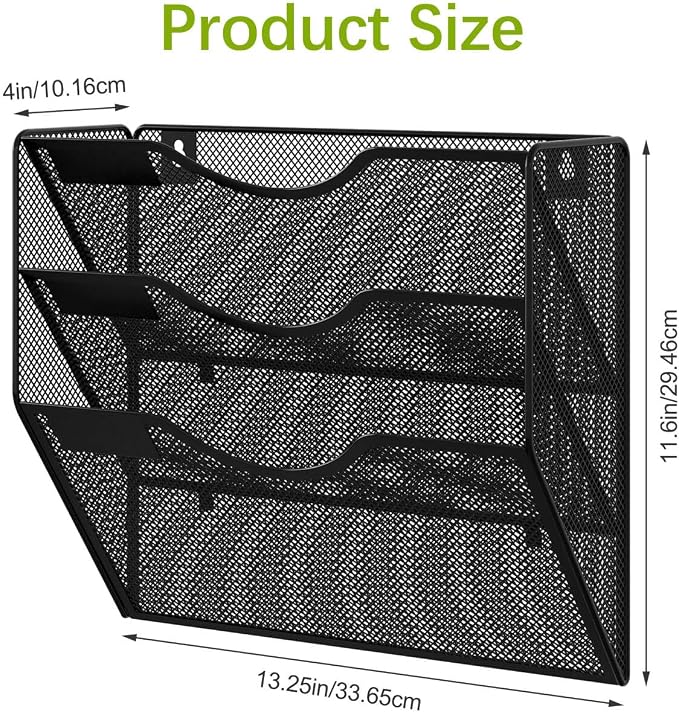 EasyPAG 3 Pocket Mesh Wall File Organizer, Hanging Paper Folder Holder with Classify Label, Vertical Wall Mount Mail Organizer for Office Home Classroom, Black