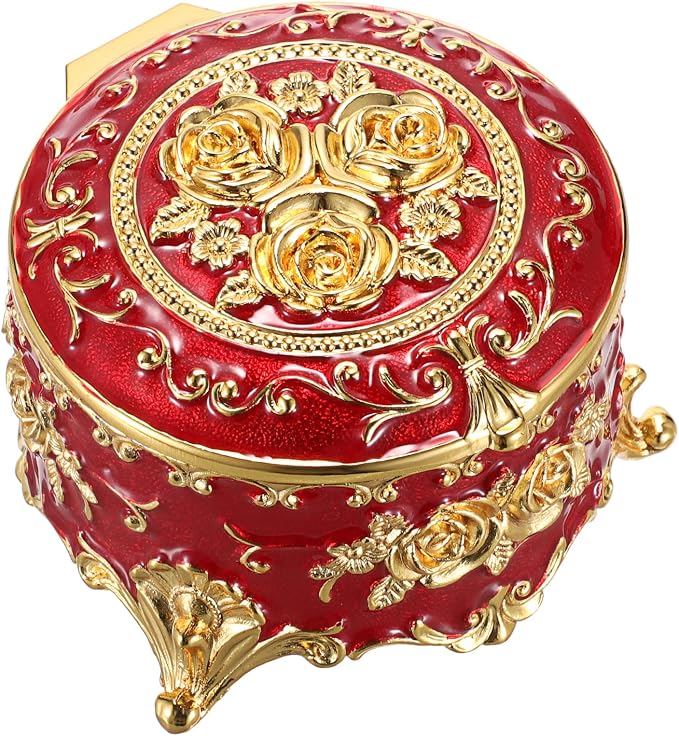 Hipiwe Vintage Metal Jewelry Box - Small Trinket Organizer Ring Box Case with Rose Pattern Jewelry Storage Box for Ring Earrings Necklace, Keepsake Box for Women,Red