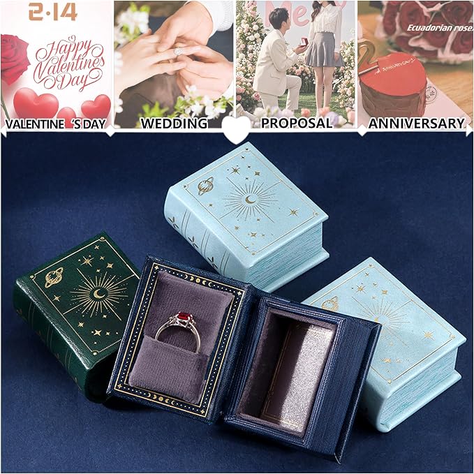 Vintage Magic Book-Shaped Ring Box Starry Sky Pattern PU Leather with Magnetic Closure for Proposal Engagement Gift (Blue)