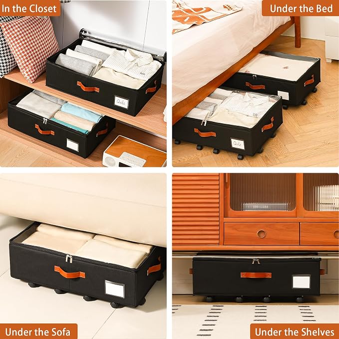 Freebat Under Bed Storage Organizer with Wheels 2 Pack, 7.5 inches Height Underbed Container with Clear Lid Cover, Storage Bag Box with Visiable Window for Clothes, Bedsheet, Pillow