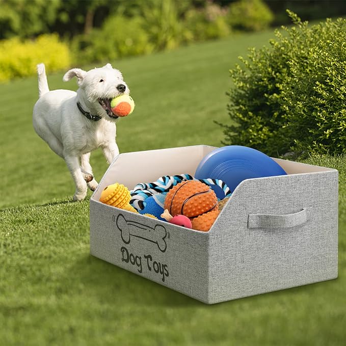 2X Thicker Large Dog Toy Collapsible Fabric Dog Toy Box and Storage Bin With Handle - Trapezoid Dog Toy Basket Chest Organizer for Pet Toys, Blankets and Accessories