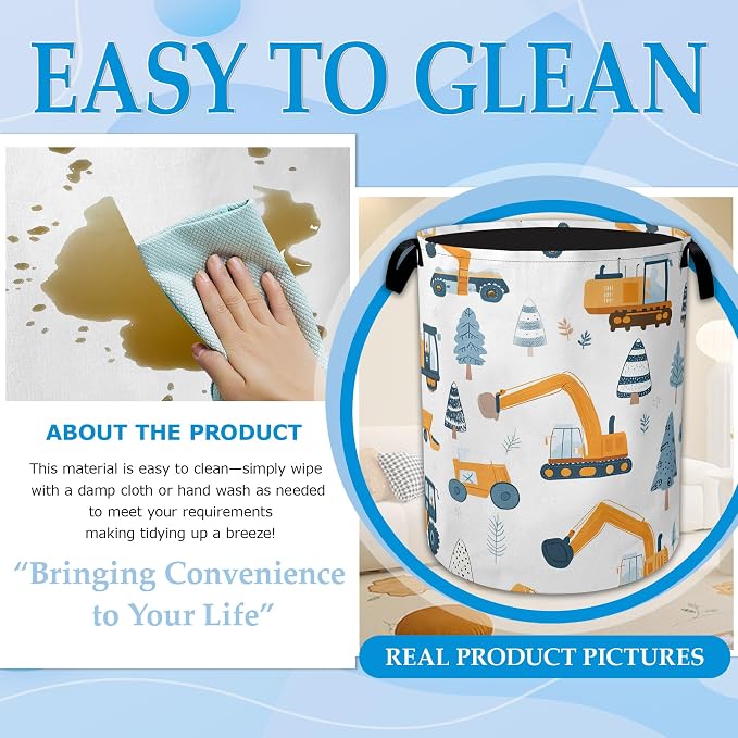 Cartoon Excavator Laundry Basket Collapsible Laundry Hamper Clothes Storage Bin for Bathroom Bedroom Room Decor 16" X 20.8"