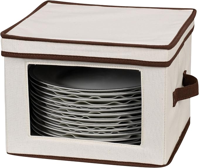 Household Essentials Dinner Plate Storage Box, Strong Frame and Handles, Windowed Panel, Fully Removable Lid, Stackable and Foldable, Perfect for Preserving Your Dinnerware
