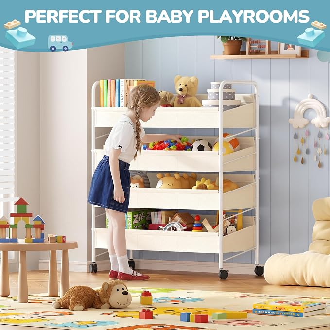 Kids Toy Storage Organizer with 4 Shelves and Wheels,White-Supersized Toy Storage Shelf for Toddlers Ideal for Kids' Rooms,and Nurseries,Toddler Furniture for Boys and Girls Ages