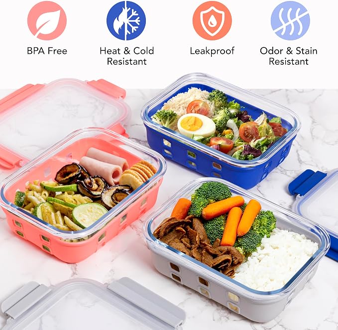 ECOBERI Glass Meal Prep Containers with Silicone Sleeves, 5 Piece 4.5 Cup Set, Borosilicate Glass Food Storage with Leak-Resistant Lids, Oven, Microwave, Freezer and Dishwasher Safe.