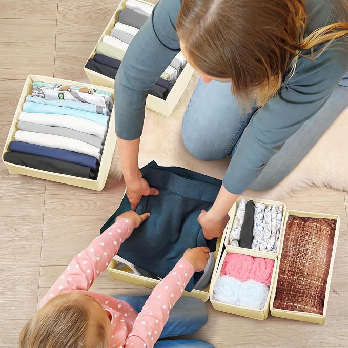 Drawer Clothing Organizer 16-Pack, Beige 3-Size Underwear Drawer Dividers, Fabric Folding Wardrobe Organizer for Baby Clothes, Bras, Underwear, Panties, Belts, Socks, Ties