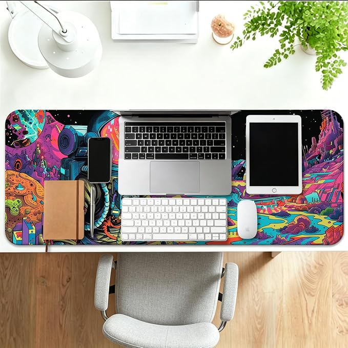 Fantasy Planet Space Gaming Desk Mat, Computer Keyboard Large Extended Astronaut Mouse Pad for Office and Home, 31.5×11.8 Inches, XL