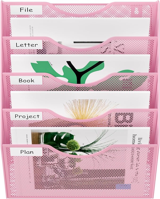 EasyPAG Wall File Organizer 5 Tier Hanging Paper Folder Holder, Zero Assembly Metal Mesh Wall Mounted Mail Organizer for Office Home Classroom Narrow Spaces, Pink
