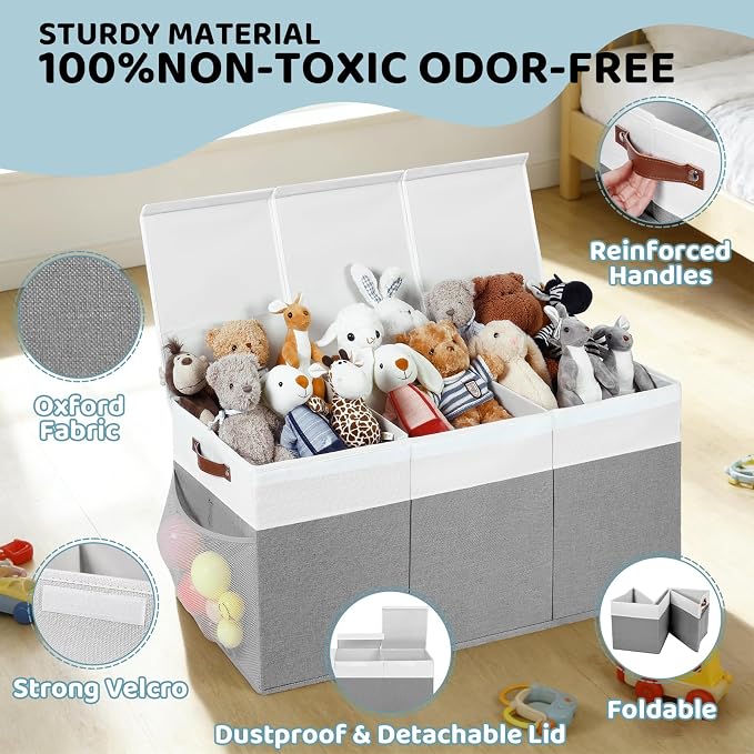 Extra Large Foldable Toy Chest with Lid,Collapsible Kids Toy Storage Box Organizer,Large Fabric Storage Bin for Nursery Playroom Bedroom Living Room,40”x18”x14”,White & Grey