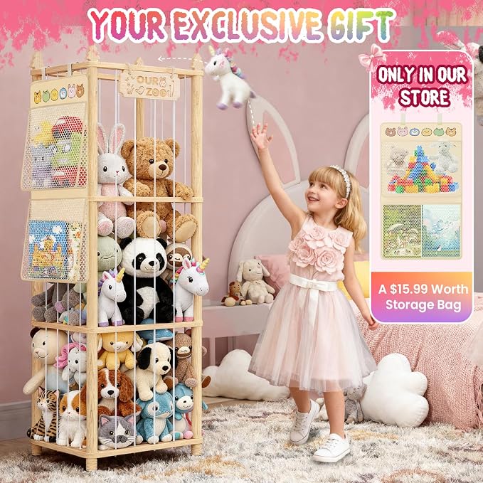 Stuffed Animal Storage - Large Wooden Toy Storage Organizer with 1 Removable Hanging Storage Net, Plush Toy Organizer for Kids' Rooms, Bedroom, Playroom or Nurseries