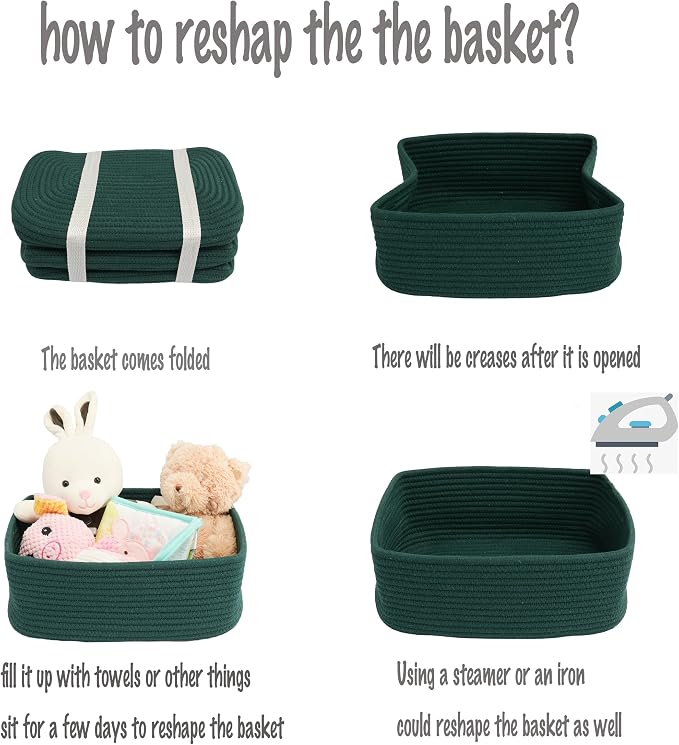 XUANGUO Small Woven Storage Baskets 13“X9”X5“ Decorative Rope Bins for Organizing Shelves, Closets, and Toys, Empty Gift Baskets, Cute Organizer Basket for Home and Office (dark green, Large)