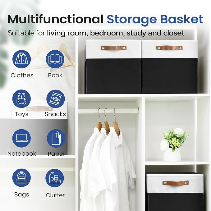 FinishingBo 6-Pack Storage Cubes with Handles & Label Holders Basket, Closet Cube Home Organizer Bins(White/Black, 13 x 13 x 13 inch)