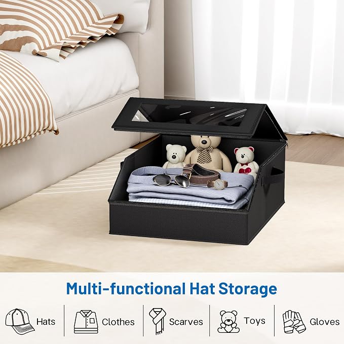 AOODA 2 PCS Sturdy Hat Storage for Baseball Caps, Holds up to 48 Caps Clear Hat Organizer for Closet, Bedroom, Wide Hat Box with Cardboard (Pure Black)