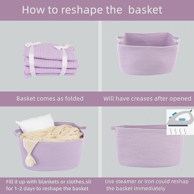 XUANGUO Large Rectangle Blankets Basket Living Room 22"x17"x12" Woven Cotton Rope Storage Baskets for Nursery Toy Basket for Kids Wicker Laundry Baskets Bin for Clothes Towels purple or Lavendor