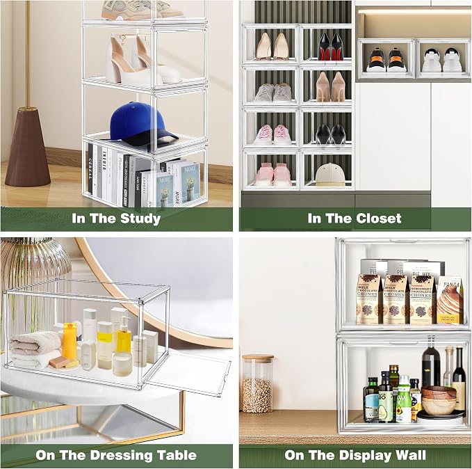 12 Pack Drop Front Acrylic Shoe Boxes with Magnetic Door Fit US Size 12, Clear Stackable Shoe Organizer for Closet, Entryway, Underbed, Multiple Display Cases for Hats, Figures, Sneakers
