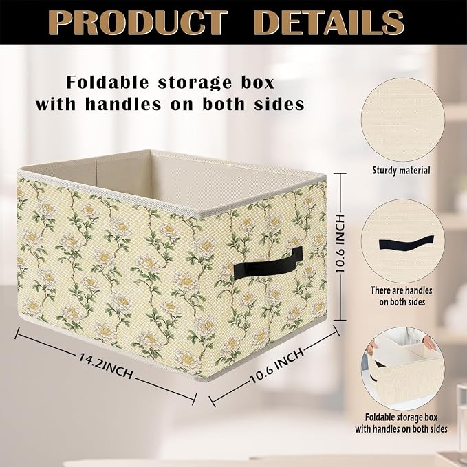 Chinoiserie Peony Floral Storage Bin Box with Handles, Cottagecore White Flower Foldable Organizer Basket Toybox for Girls Room Bedroom Bathroom Clothes Toys Books