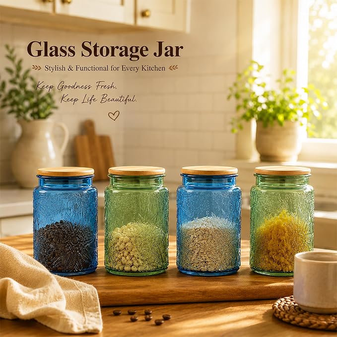 Custde Glass Storage Jars With Airtight Lid, 35oz Canister For Kitchen Counter with Bamboo Lid, brown sugar, candy, coffee, cookie, salt, tea,pantry cute Jar (Green, 35 fl oz)