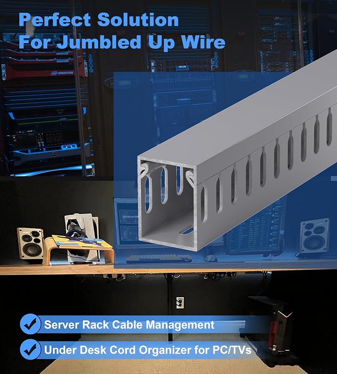 ZhiYo H1.6 x W1.2in Cable Raceway, 6.6ft (2xL3.3ft) Server Rack Cable Management Under Desk Cord Organizer, Electrical Safe PVC Cable Channel Open Slot Wire Raceway for Network/PC/TVs, Wire Duct Black