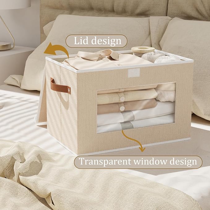 Beige Portable Storage Box,Closet Bin,10.2x7.8x6.7In,5Pack | Decorative Storage Bins with Lids,Shelf Baskets with Handles and Window,Fabric Closet Organizers,Sock Cube Container for Home