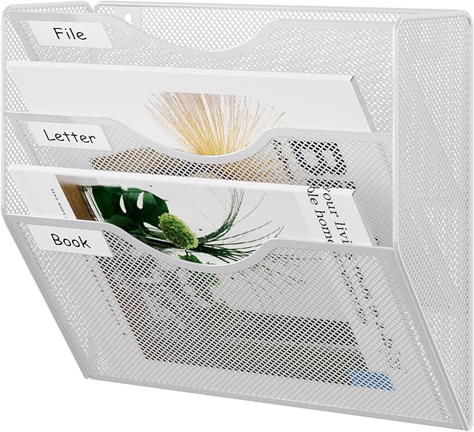 EasyPAG 3 Pocket Mesh Wall File Organizer, Hanging Paper Folder Holder with Classify Label, Vertical Wall Mount Mail Organizer for Office Home Classroom, White