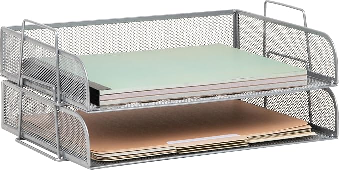 Mind Reader Stackable Paper Tray, Desktop Organizer, File Storage, Office, Metal Mesh, 13.25" L x 9.75" W x 6.25" H, 2 Pcs., Silver (Pack of 8)
