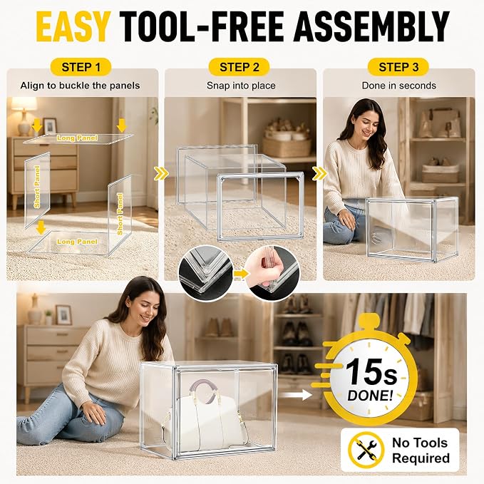 12 Pack Clear High-Top Sneaker Storage Boxes, Acrylic Shoe Organizer | Extra height 10.6'' for high-top sneakers & athletic footwear Size 11.Stackable display design keeps collections organized