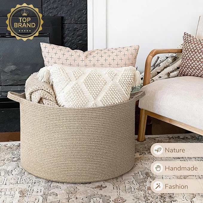INDRESSME 115L Extra Large Woven Blanket Baskets for Storage, Toy Organizers and Storage Rope Baskets for Boys Girls Kids,Burr Basket Storage Bins for Decor Laundry Shoe, Brown