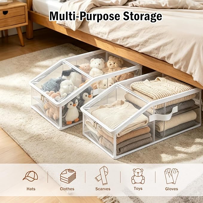 Clear Hat Organizer– Stackable Transparent Hat Display Case with Zipper Closure 2 Pack– Space-Saving Protective Unit for Baseball Caps & Accessories White Trim