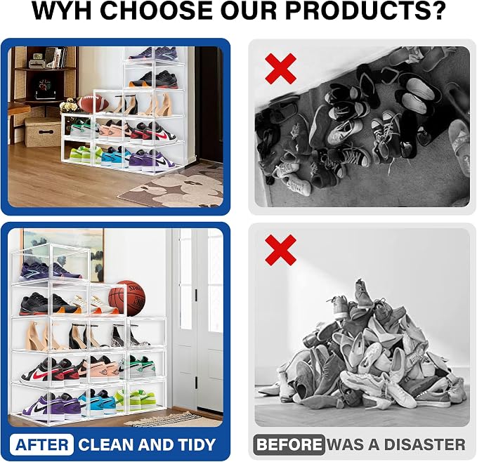 12 Pack Drop Front Shoe Boxes Acrylic Box Sneaker Case Size 12, Transparent Display Cases for Sneaker Collections, Baseball Caps, Hat Organizer Dust-free Shoe Cubbies Stackable Sneaker Boxes