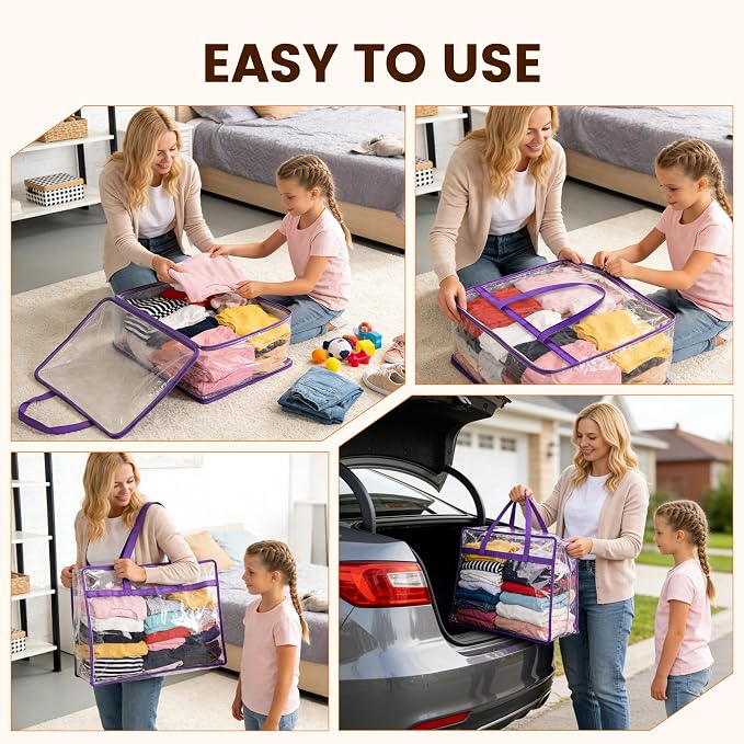 8 Pack Clear Clothes Storage Bags, Double Zipper Design 40L Underbed Moving Bags for Blankets and Clothes, Large Capacity Closet Organizers and Storage for Dormitory, Bedroom, Closet-Purple