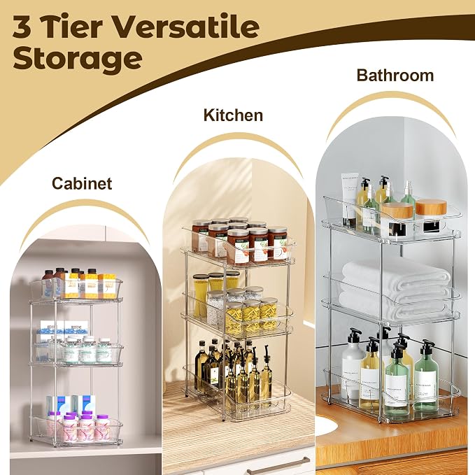 incostar 3 Tier Under Sink Organizer and Storage - Multi-Purpose Stackable Pantry Organizer with Pull-Out Clear Bins and Movable Dividers for Kitchen and Bathroom Cabinet