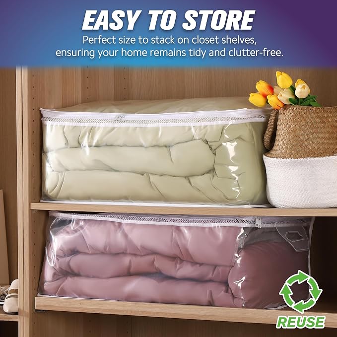 HIBAG 20 Gallon Large Storage Bag for Clothes, Zipper Clothing Storage Bag, Clear Organizer with Reinforced Handles, for Comforters Blankets Pillows Bedding (4 Pack)