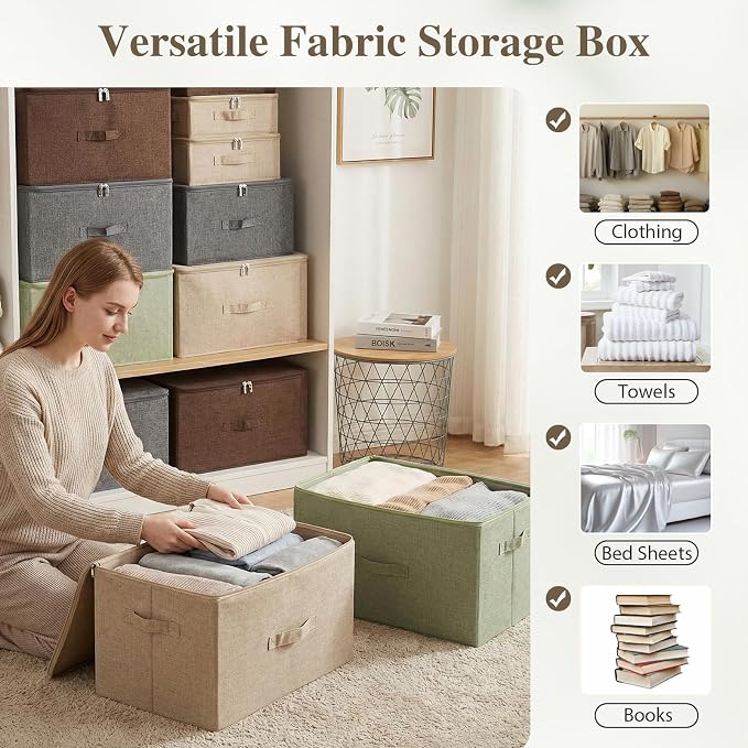 ANMINY Storage Bins with Zipper Lids 36 Qt Lidded Fabric Storage Boxes Baskets Cubes with Handles Collapsible Washable Cotton Linen Closet Shelf Clothes Organizer Containers - Beige, Large