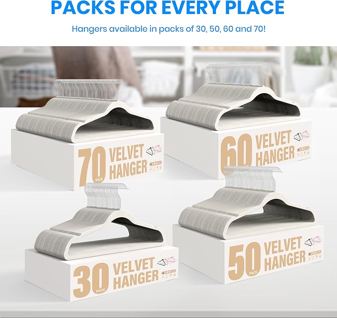 YSSOA Velvet Hangers 70 Pack, Non-Slip Clothes Hangers with Shoulder Notches, 360° Swivel Hooks, Heavy Duty Standard Hanger for Closet Space Saving, White