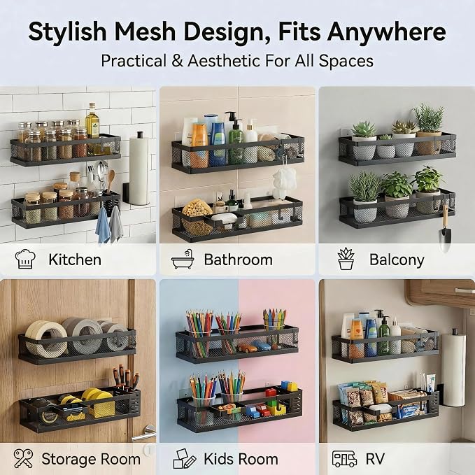 PUSDON 5-in-1 16.5" Extra Long Slim Wall Mount Wrapped Mesh Kitchen Organizer & Shower Caddy Kit, with Paper Towel Holder, Utensil Holder, Soap Dish, Holds 50LBS - Vintage Bronze, Netting